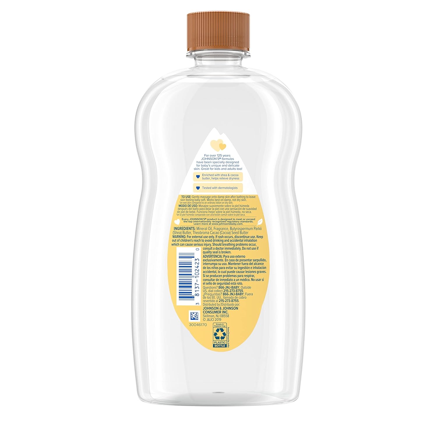 Johnson's Baby Oil, Mineral Oil Enriched with Shea & Cocoa Butter to Prevent Moisture Loss, Hypoallergenic, 20 fl. oz - 7DAY'S