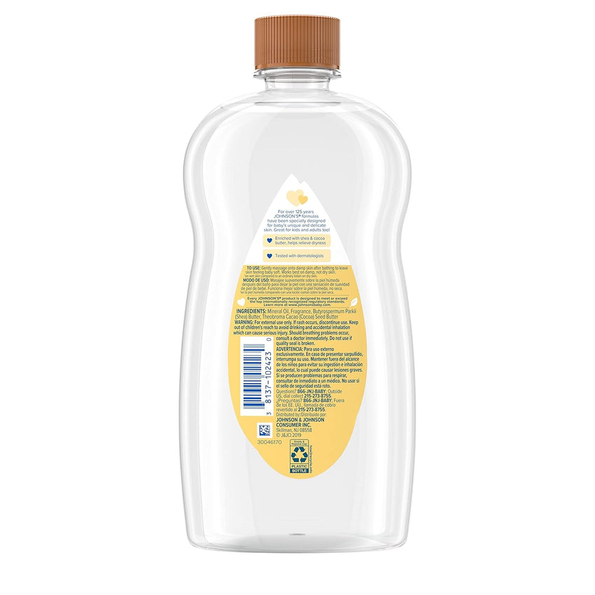 Johnson's Baby Oil, Mineral Oil Enriched with Shea & Cocoa Butter to Prevent Moisture Loss, Hypoallergenic, 20 fl. oz - 7DAY'S