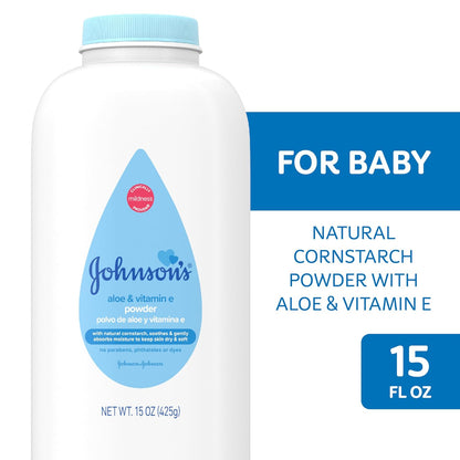Johnson's Baby Powder with Naturally Derived Cornstarch, Aloe & Vitamin E for Delicate Skin, Hypoallergenic, Free of Parabens, Phthalates & Dyes for Gentle Baby Skin Care, 15 oz - 7DAY'S