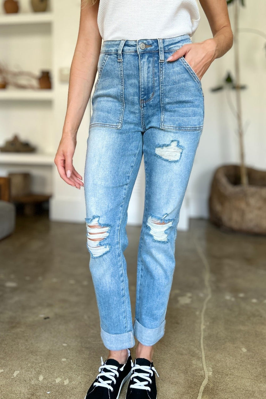 Judy Blue Full Size Distressed Straight Jeans with Patch Pockets - 7DAY'S