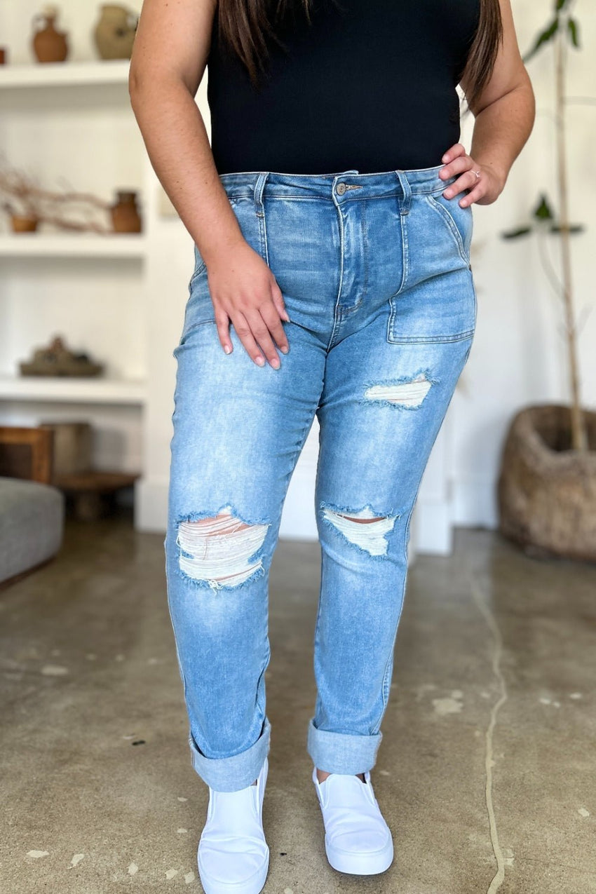 Judy Blue Full Size Distressed Straight Jeans with Patch Pockets - 7DAY'S