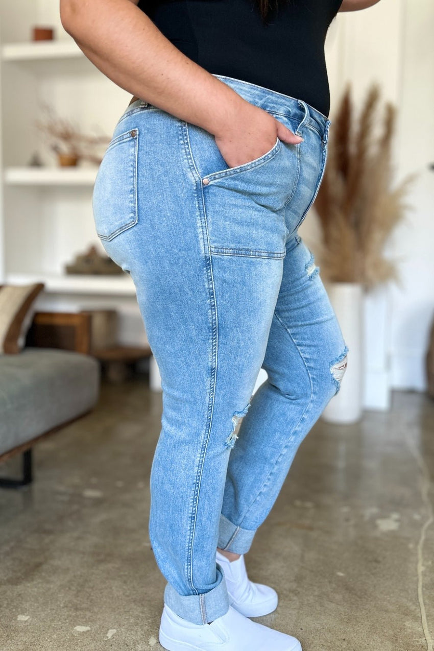 Judy Blue Full Size Distressed Straight Jeans with Patch Pockets - 7DAY'S