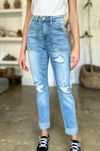 Judy Blue Full Size Distressed Straight Jeans with Patch Pockets - 7DAY'S