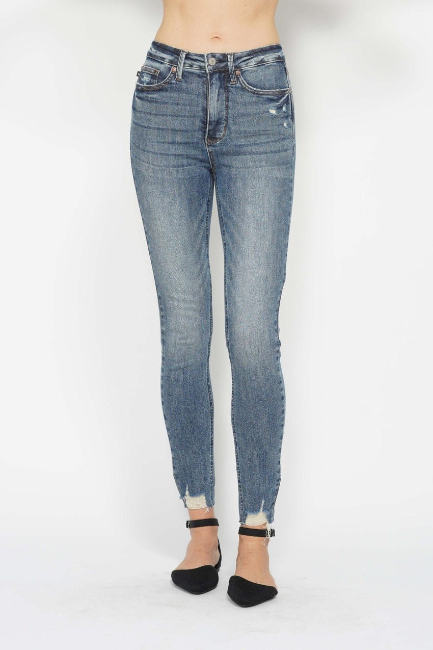 Judy Blue Full Size Tummy Control Vintage Wash Hem Destroy Skinny Jeans - 7DAY'S