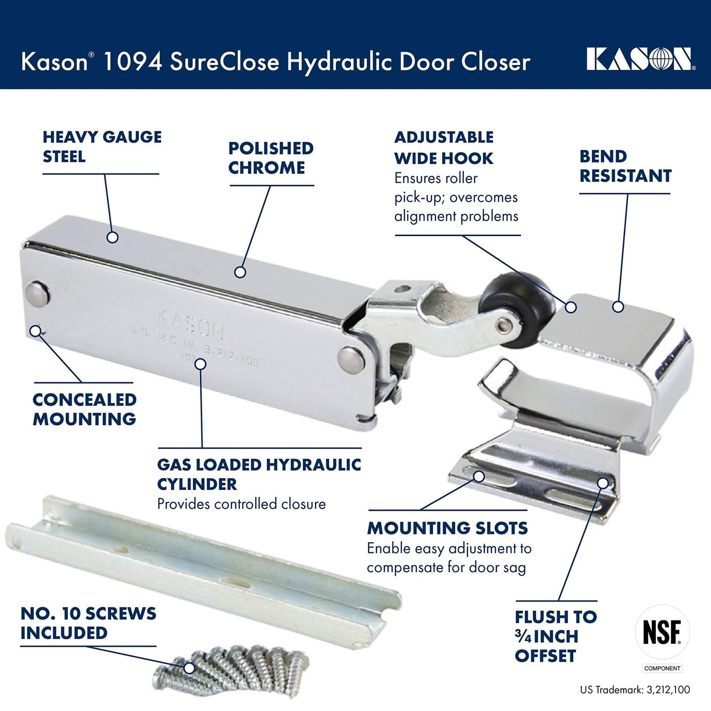 Kason 1094 SureClose Hydraulic Door Closer and Hook, Concealed Mounting, Adjustable Wide - Hook, 7/8 to 1 - 5/8 Inch Offset, 11094000013_11094000027 - 7DAY'S
