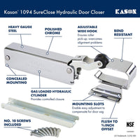 Kason 1094 SureClose Hydraulic Door Closer and Hook, Concealed Mounting, Adjustable Wide - Hook, 7/8 to 1 - 5/8 Inch Offset, 11094000013_11094000027 - 7DAY'S