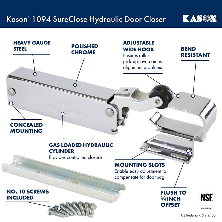 Kason 1094 SureClose Hydraulic Door Closer and Hook, Concealed Mounting, Adjustable Wide - Hook, 7/8 to 1 - 5/8 Inch Offset, 11094000013_11094000027 - 7DAY'S
