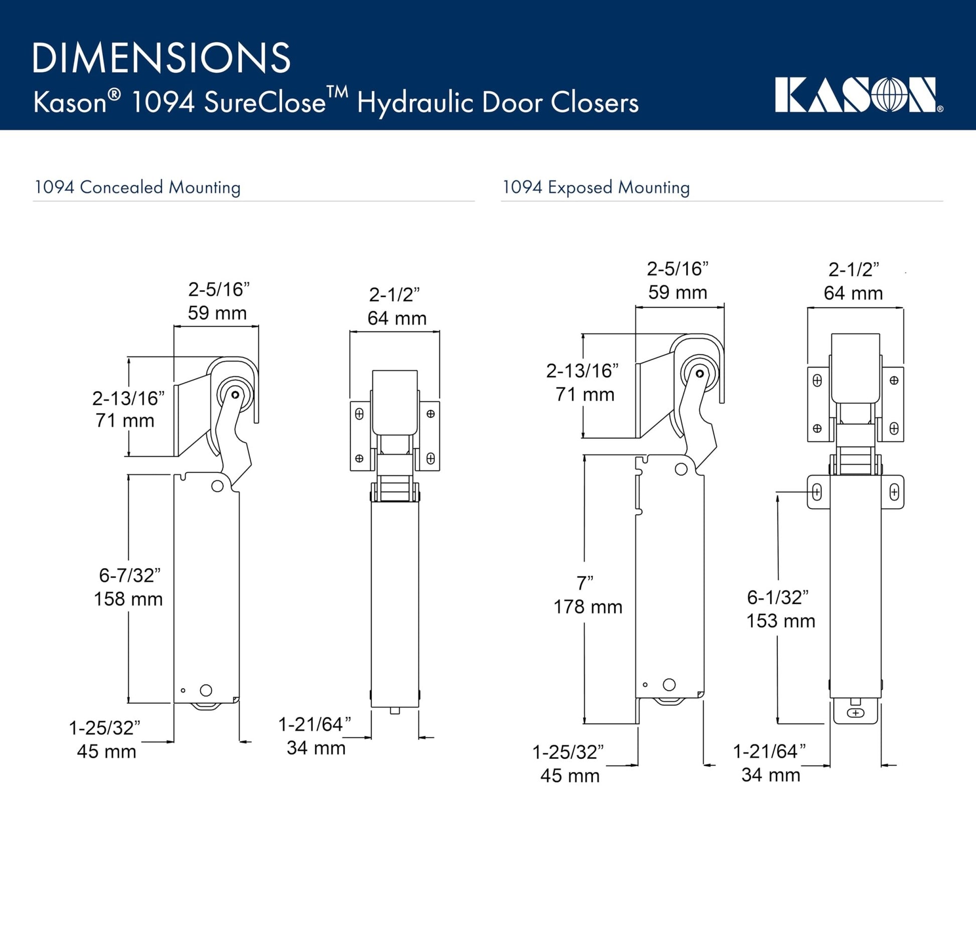 Kason 1094 SureClose Hydraulic Door Closer and Hook, Concealed Mounting, Adjustable Wide - Hook, 7/8 to 1 - 5/8 Inch Offset, 11094000013_11094000027 - 7DAY'S