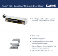Kason 1094 SureClose Hydraulic Door Closer and Hook, Concealed Mounting, Adjustable Wide - Hook, 7/8 to 1 - 5/8 Inch Offset, 11094000013_11094000027 - 7DAY'S