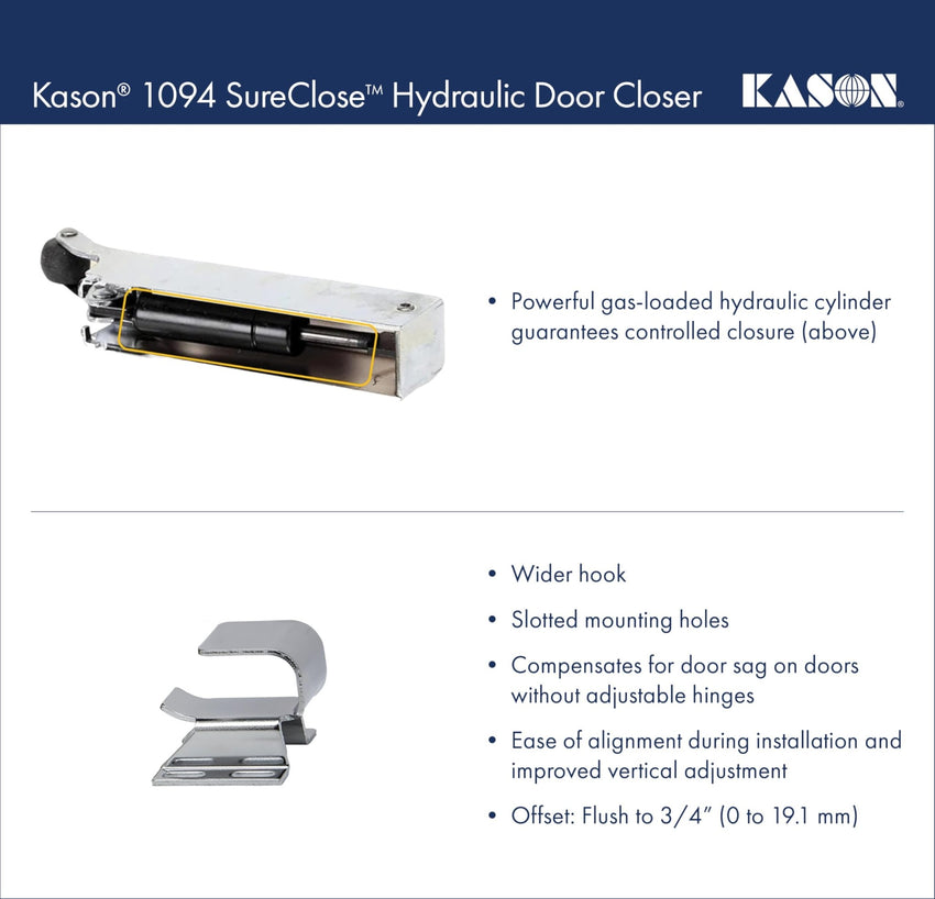 Kason 1094 SureClose Hydraulic Door Closer and Hook, Concealed Mounting, Adjustable Wide - Hook, 7/8 to 1 - 5/8 Inch Offset, 11094000013_11094000027 - 7DAY'S