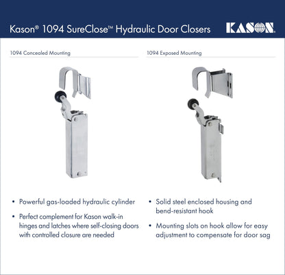 Kason 1094 SureClose Hydraulic Door Closer and Hook, Concealed Mounting, Adjustable Wide - Hook, 7/8 to 1 - 5/8 Inch Offset, 11094000013_11094000027 - 7DAY'S