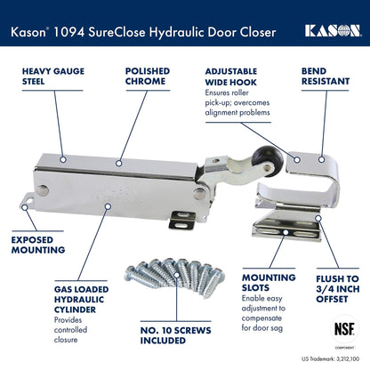 Kason 1094 SureClose Hydraulic Door Closer and Hook, Concealed Mounting, Adjustable Wide - Hook, 7/8 to 1 - 5/8 Inch Offset, 11094000013_11094000027 - 7DAY'S