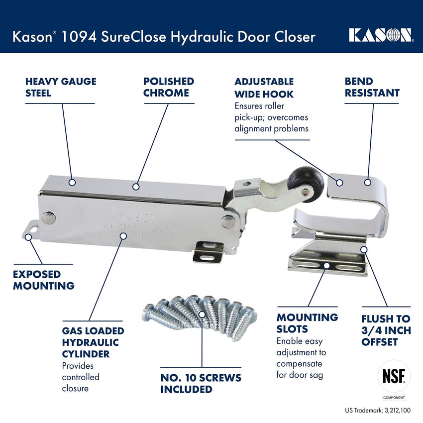 Kason 1094 SureClose Hydraulic Door Closer and Hook, Concealed Mounting, Adjustable Wide - Hook, 7/8 to 1 - 5/8 Inch Offset, 11094000013_11094000027 - 7DAY'S