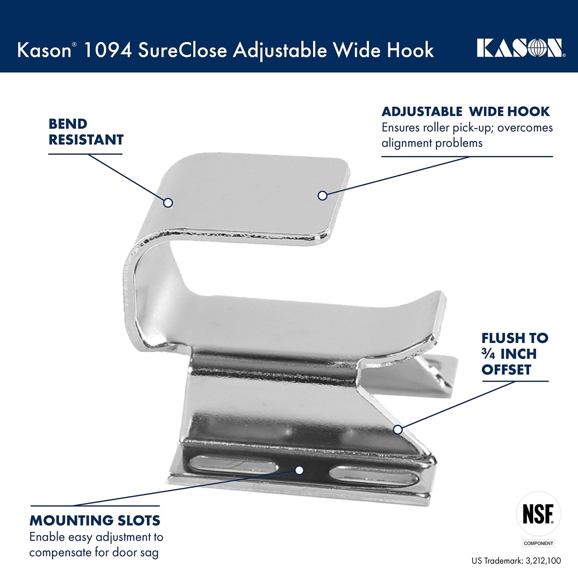 Kason 1094 SureClose Hydraulic Door Closer and Hook, Concealed Mounting, Adjustable Wide - Hook, 7/8 to 1 - 5/8 Inch Offset, 11094000013_11094000027 - 7DAY'S