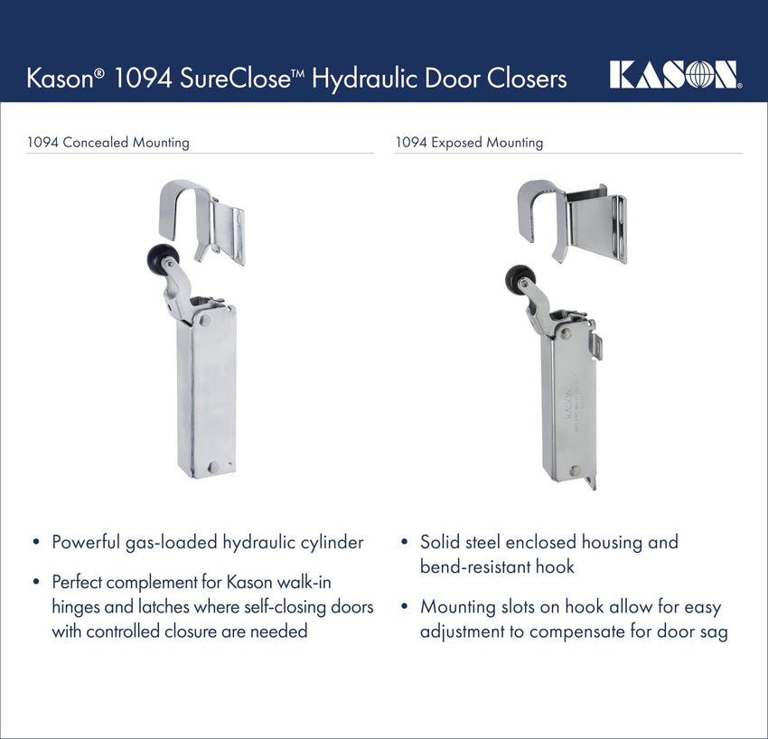 Kason 1094 SureClose Hydraulic Door Closer and Hook, Concealed Mounting, Adjustable Wide - Hook, 7/8 to 1 - 5/8 Inch Offset, 11094000013_11094000027 - 7DAY'S