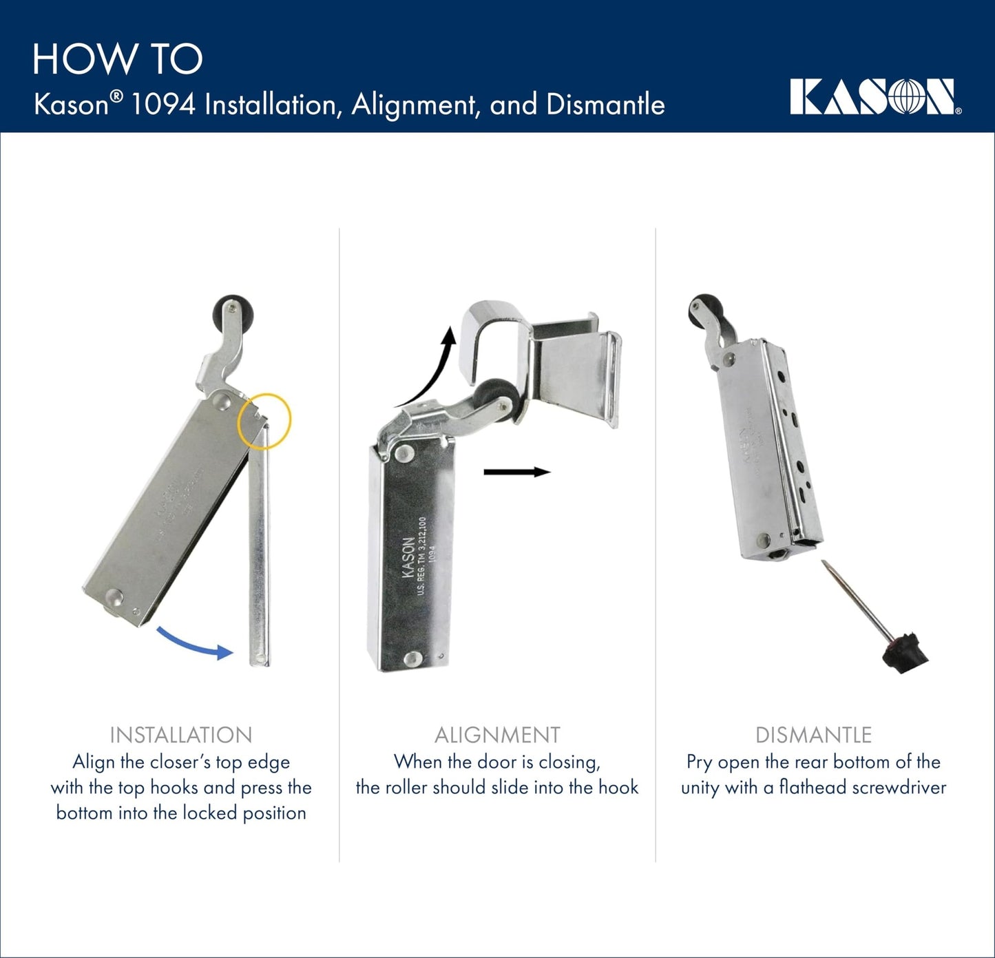 Kason 1094 SureClose Hydraulic Door Closer and Hook, Concealed Mounting, Adjustable Wide - Hook, 7/8 to 1 - 5/8 Inch Offset, 11094000013_11094000027 - 7DAY'S