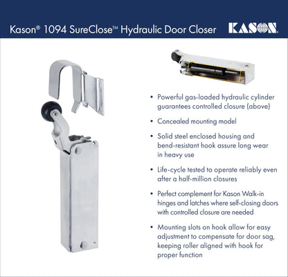 Kason 1094 SureClose Hydraulic Door Closer and Hook, Concealed Mounting, Adjustable Wide - Hook, 7/8 to 1 - 5/8 Inch Offset, 11094000013_11094000027 - 7DAY'S