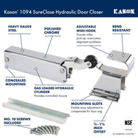 Kason 1094 SureClose Hydraulic Door Closer and Hook, Concealed Mounting, Adjustable Wide - Hook, 7/8 to 1 - 5/8 Inch Offset, 11094000013_11094000027 - 7DAY'S