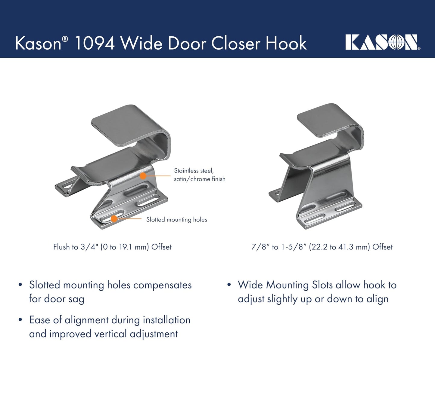 Kason 1094 SureClose Hydraulic Door Closer and Hook, Concealed Mounting, Adjustable Wide - Hook, 7/8 to 1 - 5/8 Inch Offset, 11094000013_11094000027 - 7DAY'S