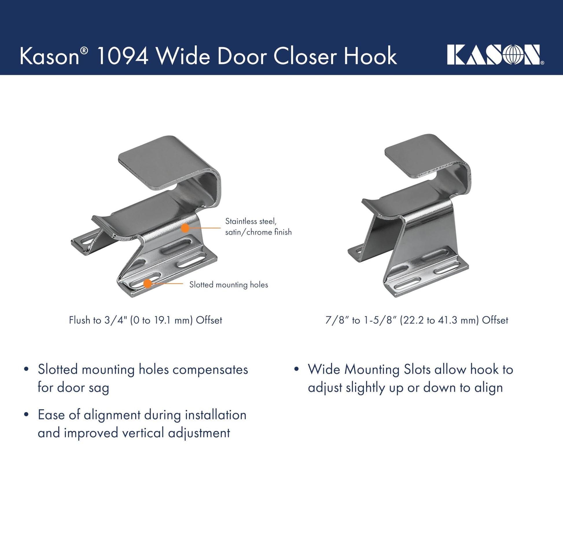 Kason 1094 SureClose Hydraulic Door Closer and Hook, Concealed Mounting, Adjustable Wide - Hook, 7/8 to 1 - 5/8 Inch Offset, 11094000013_11094000027 - 7DAY'S