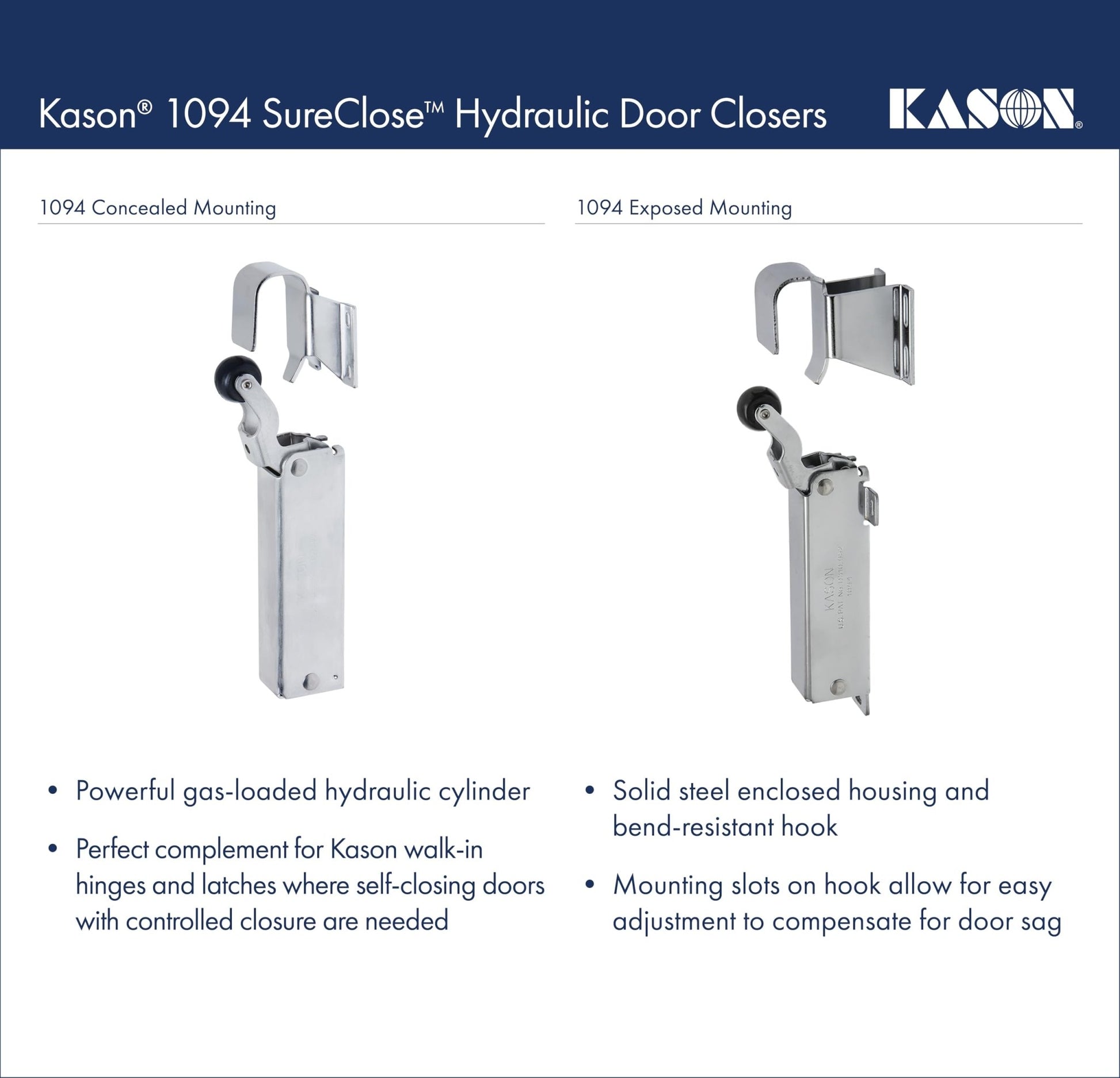 Kason 1094 SureClose Hydraulic Door Closer and Hook, Concealed Mounting, Adjustable Wide - Hook, 7/8 to 1 - 5/8 Inch Offset, 11094000013_11094000027 - 7DAY'S