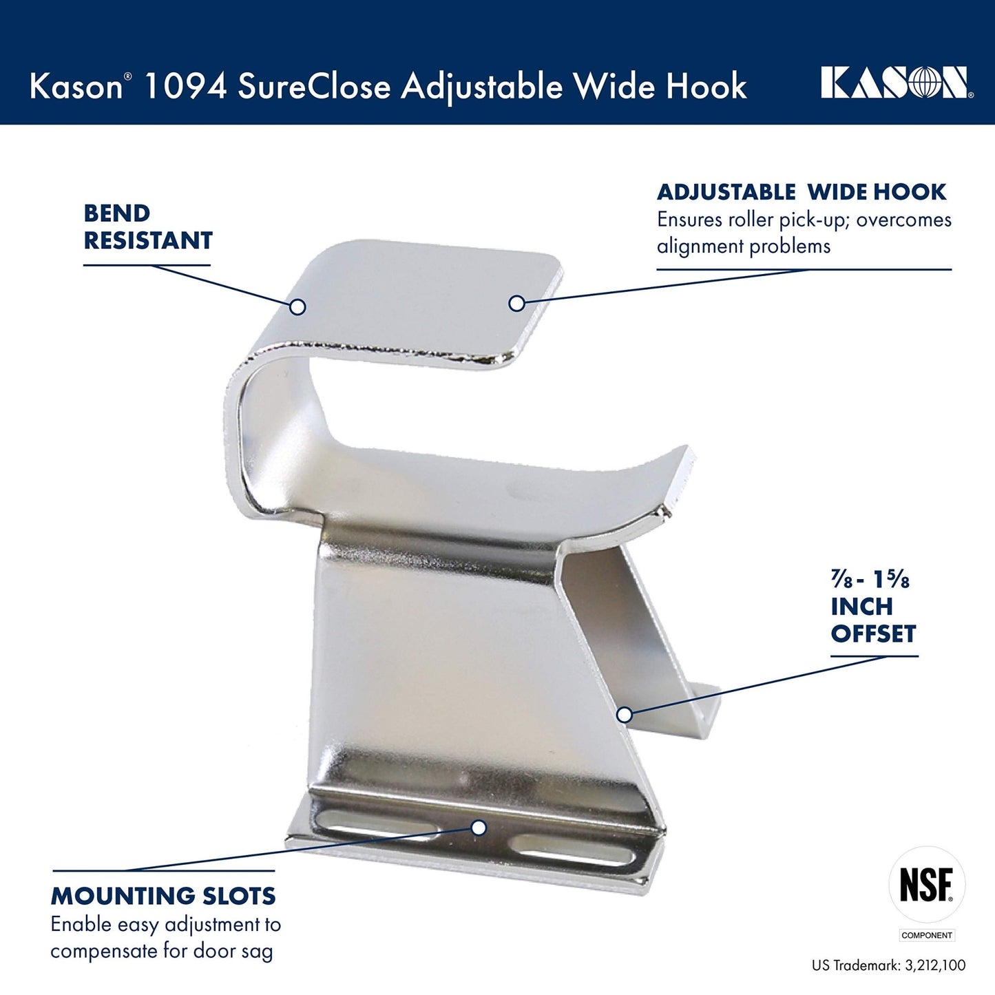 Kason 1094 SureClose Hydraulic Door Closer and Hook, Concealed Mounting, Adjustable Wide - Hook, 7/8 to 1 - 5/8 Inch Offset, 11094000013_11094000027 - 7DAY'S