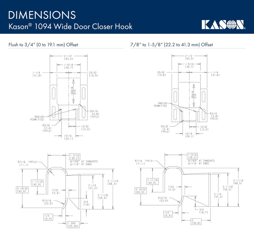 Kason 1094 SureClose Hydraulic Door Closer and Hook, Concealed Mounting, Adjustable Wide - Hook, 7/8 to 1 - 5/8 Inch Offset, 11094000013_11094000027 - 7DAY'S