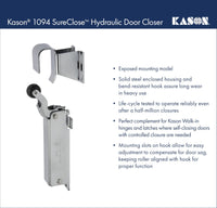 Kason 1094 SureClose Hydraulic Door Closer and Hook, Concealed Mounting, Adjustable Wide - Hook, 7/8 to 1 - 5/8 Inch Offset, 11094000013_11094000027 - 7DAY'S