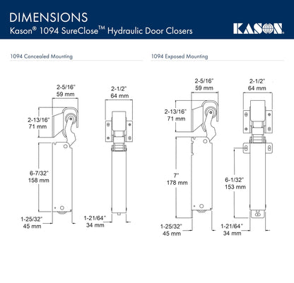Kason 1094 SureClose Hydraulic Door Closer and Hook, Concealed Mounting, Adjustable Wide - Hook, 7/8 to 1 - 5/8 Inch Offset, 11094000013_11094000027 - 7DAY'S