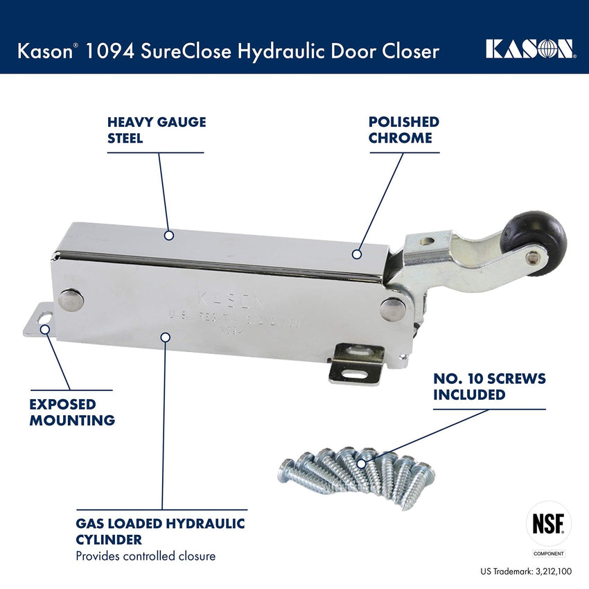 Kason 1094 SureClose Hydraulic Door Closer and Hook, Concealed Mounting, Adjustable Wide - Hook, 7/8 to 1 - 5/8 Inch Offset, 11094000013_11094000027 - 7DAY'S