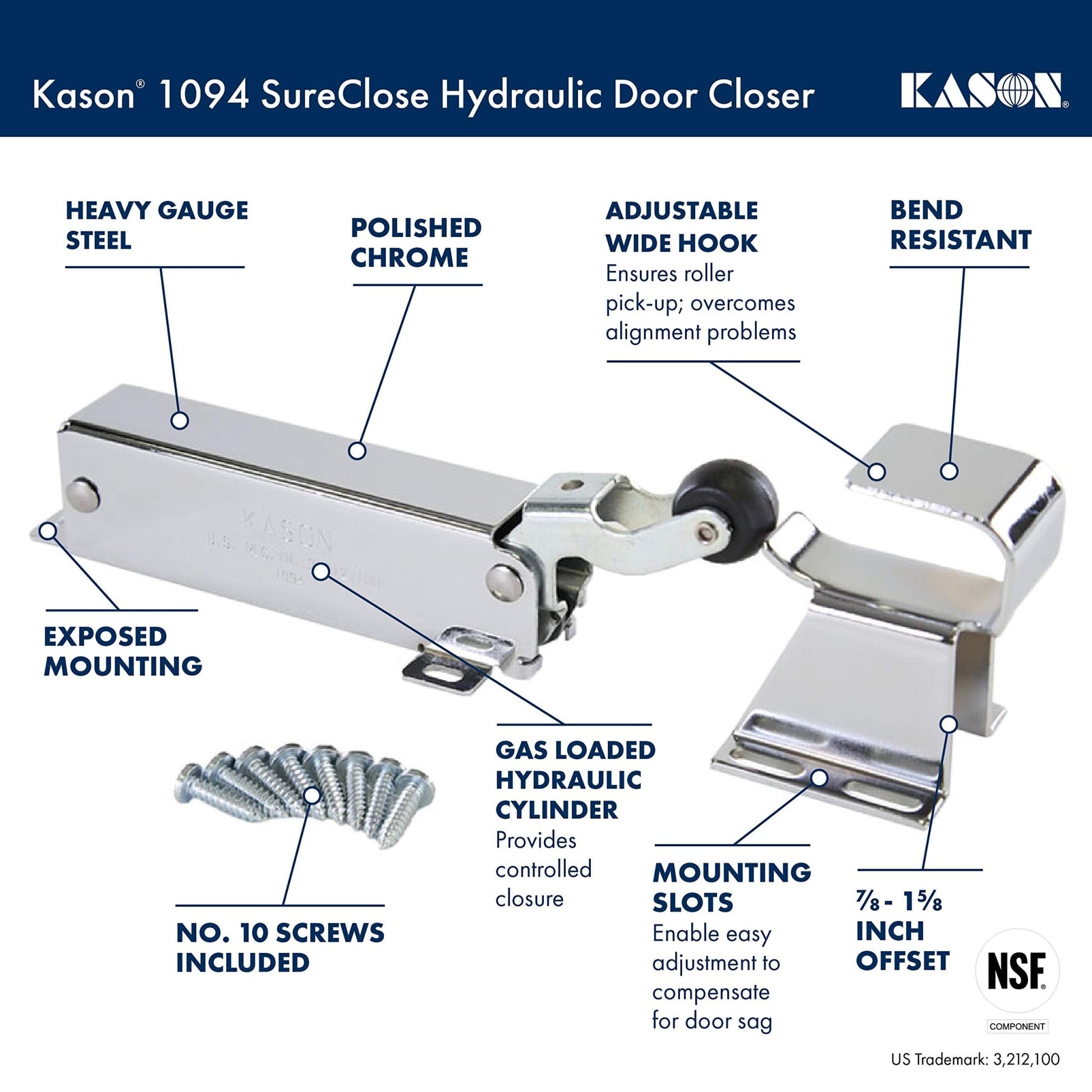 Kason 1094 SureClose Hydraulic Door Closer and Hook, Concealed Mounting, Adjustable Wide - Hook, 7/8 to 1 - 5/8 Inch Offset, 11094000013_11094000027 - 7DAY'S