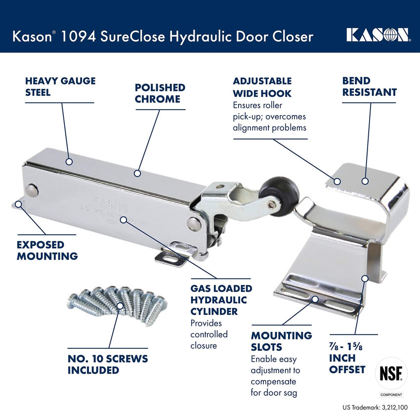Kason 1094 SureClose Hydraulic Door Closer and Hook, Concealed Mounting, Adjustable Wide - Hook, 7/8 to 1 - 5/8 Inch Offset, 11094000013_11094000027 - 7DAY'S