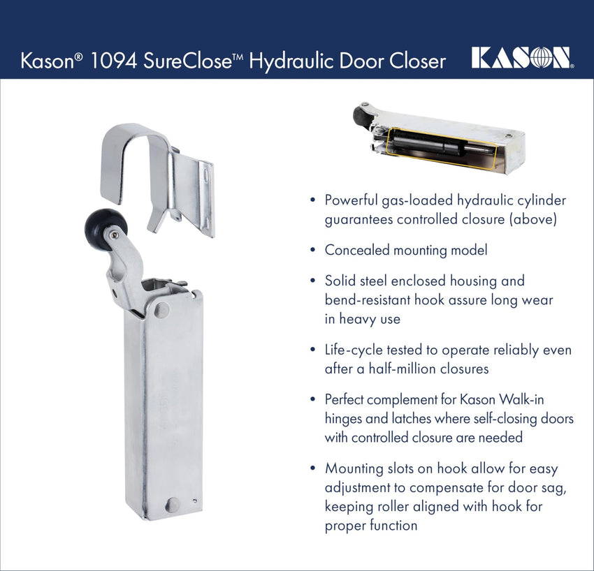 Kason 1094 SureClose Hydraulic Door Closer and Hook, Concealed Mounting, Adjustable Wide - Hook, 7/8 to 1 - 5/8 Inch Offset, 11094000013_11094000027 - 7DAY'S