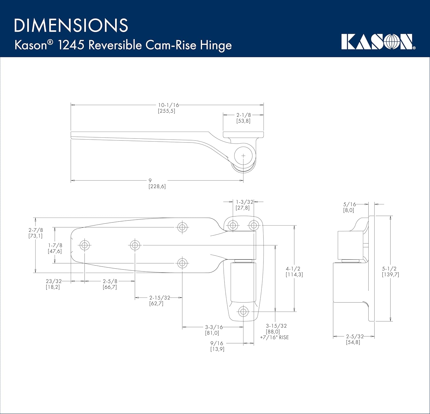 Kason 1245 Reversible Cam - Rise Hinge, 1 - 7/8 Inch Offset, Polished Chrome Finish, 11245000080 - 7DAY'S