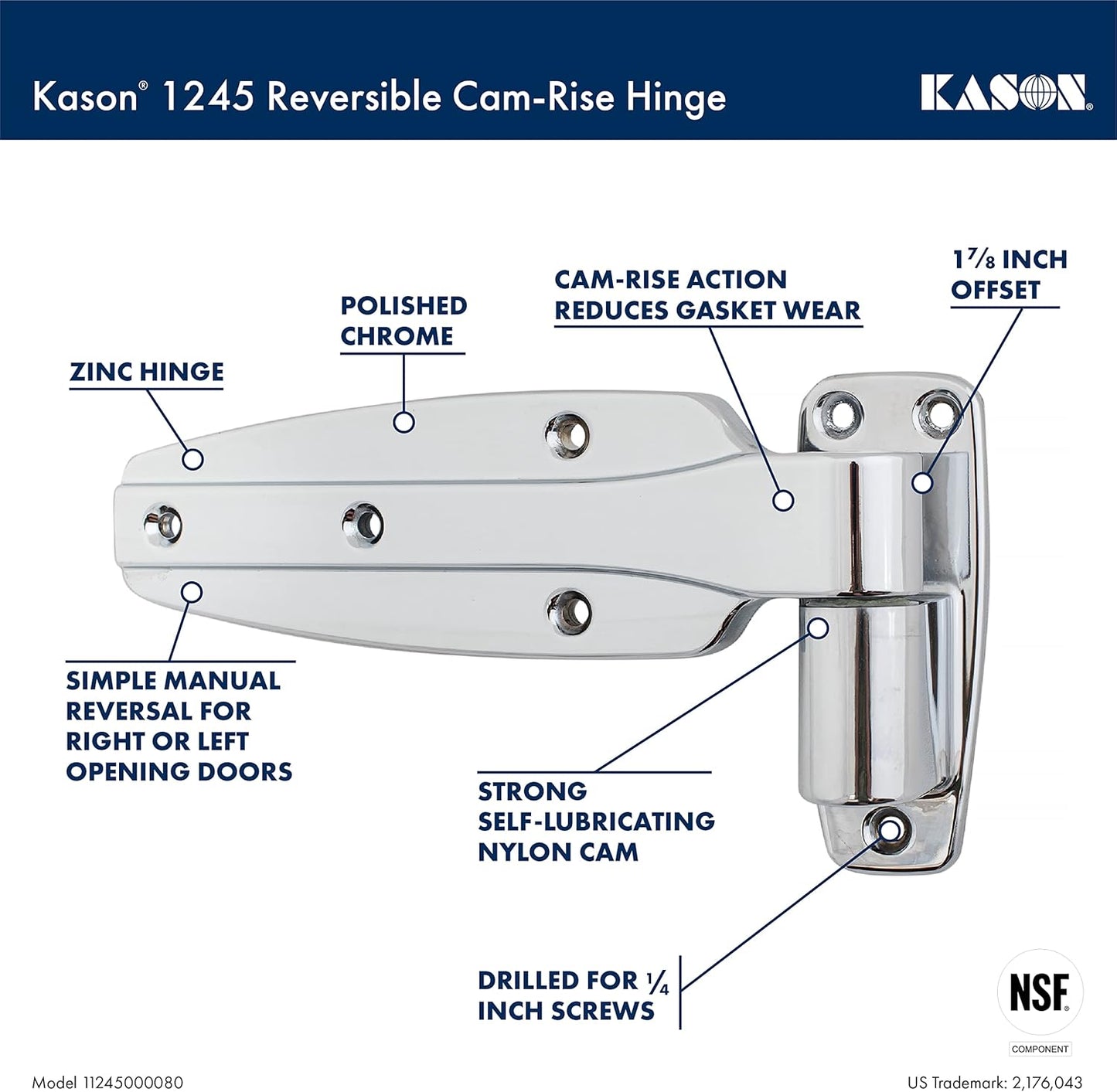 Kason 1245 Reversible Cam - Rise Hinge, 1 - 7/8 Inch Offset, Polished Chrome Finish, 11245000080 - 7DAY'S