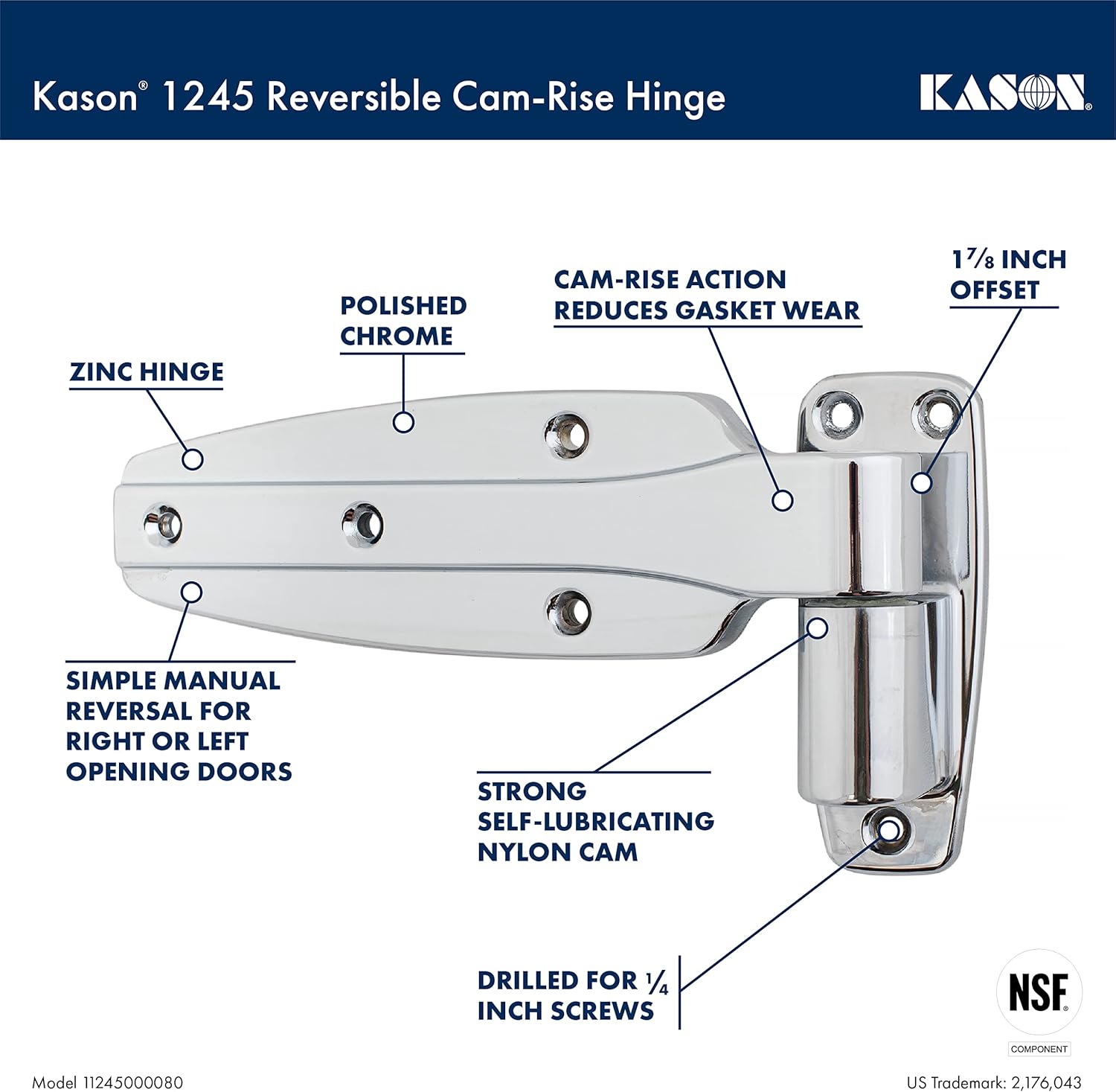 Kason 1245 Reversible Cam - Rise Hinge, 1 - 7/8 Inch Offset, Polished Chrome Finish, 11245000080 - 7DAY'S