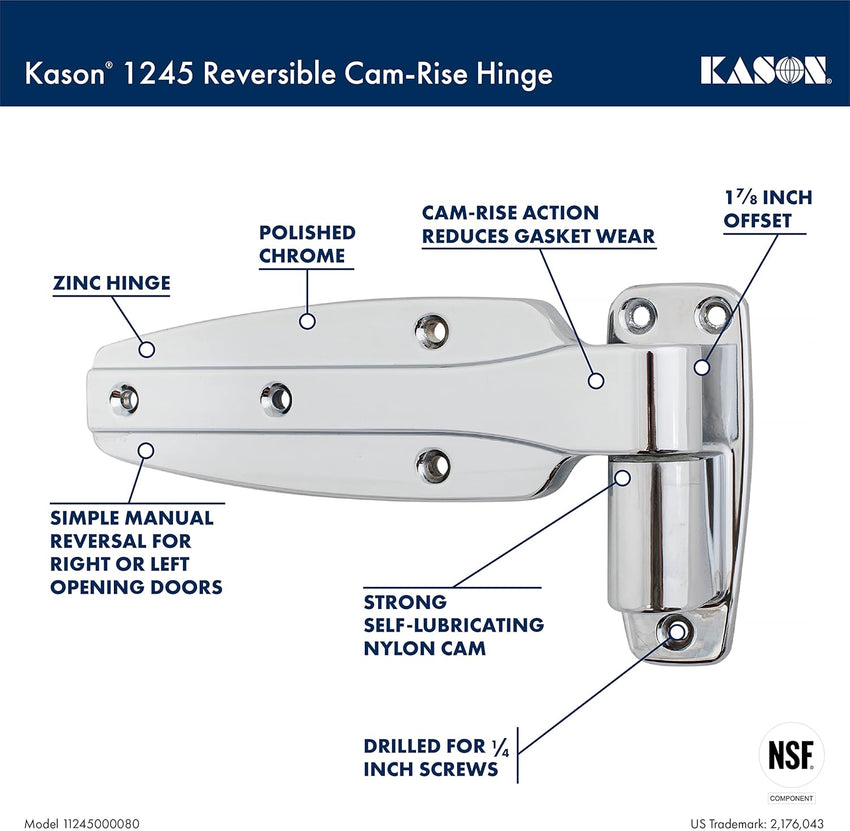 Kason 1245 Reversible Cam - Rise Hinge, 1 - 7/8 Inch Offset, Polished Chrome Finish, 11245000080 - 7DAY'S