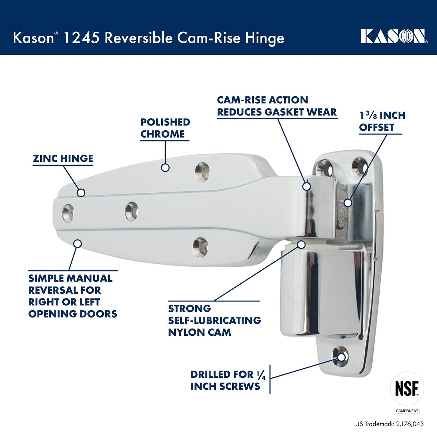 Kason 1245 Reversible Cam - Rise Hinge, Flush, 11245000028 - 7DAY'S