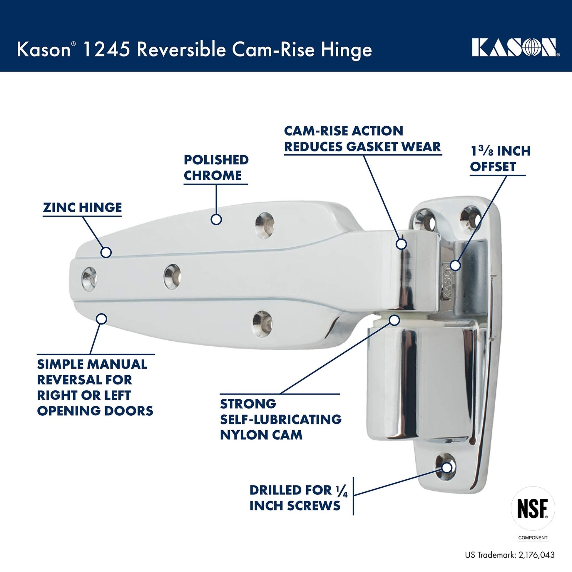 Kason 1245 Reversible Cam - Rise Hinge, Flush, 11245000028 - 7DAY'S