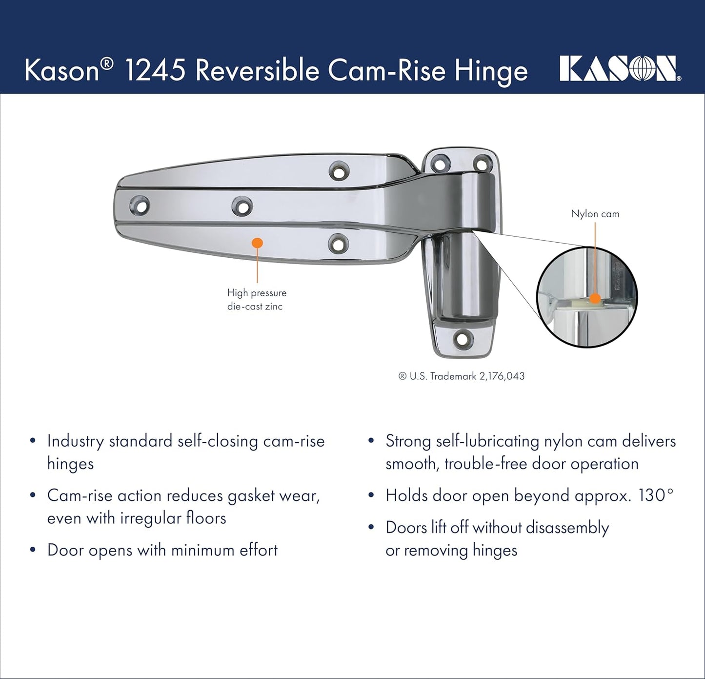 Kason 1245 Reversible Cam - Rise Hinge, Flush Offset, Brushed Chrome Finish, 11245000088 - 7DAY'S