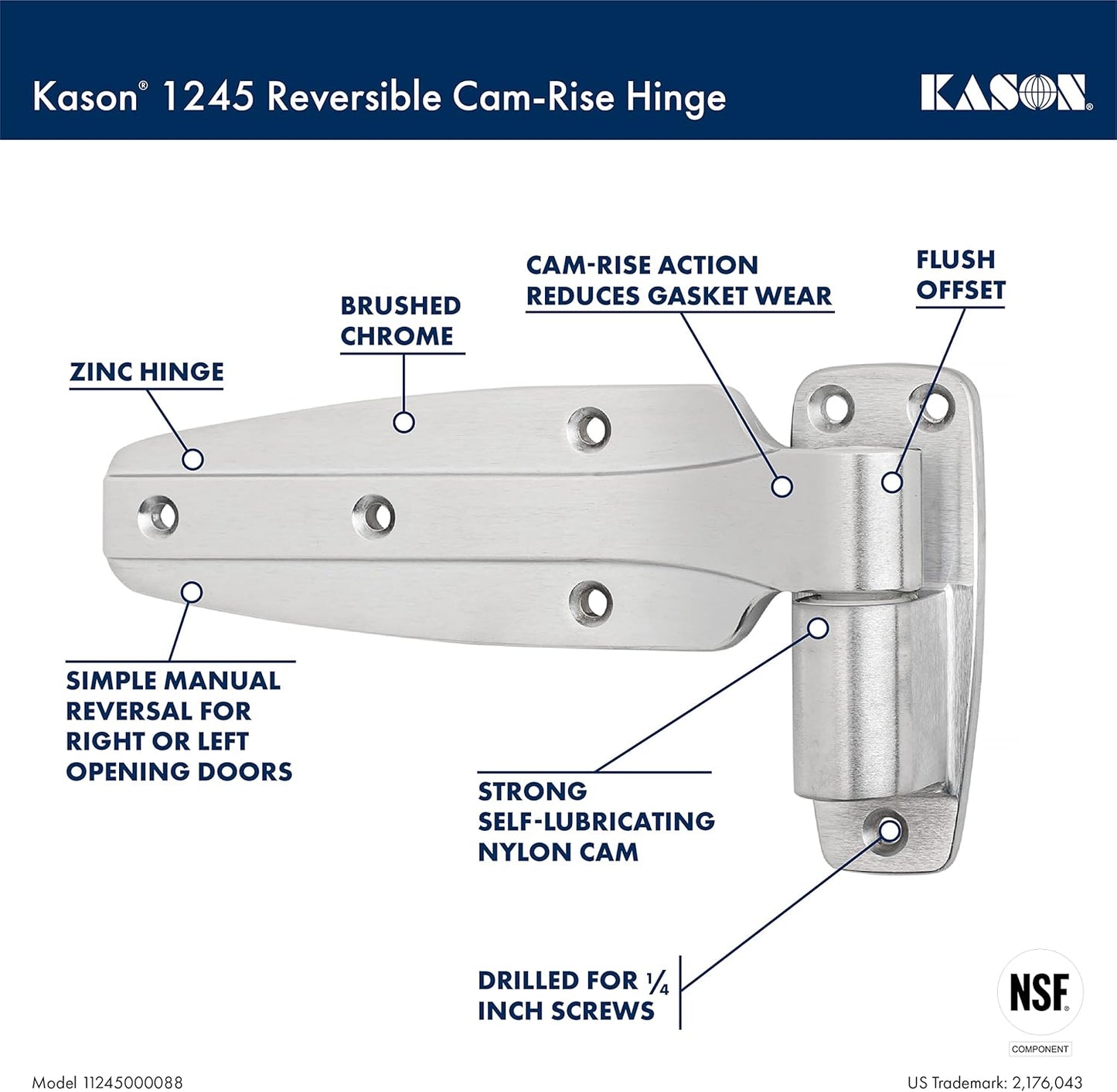 Kason 1245 Reversible Cam - Rise Hinge, Flush Offset, Brushed Chrome Finish, 11245000088 - 7DAY'S