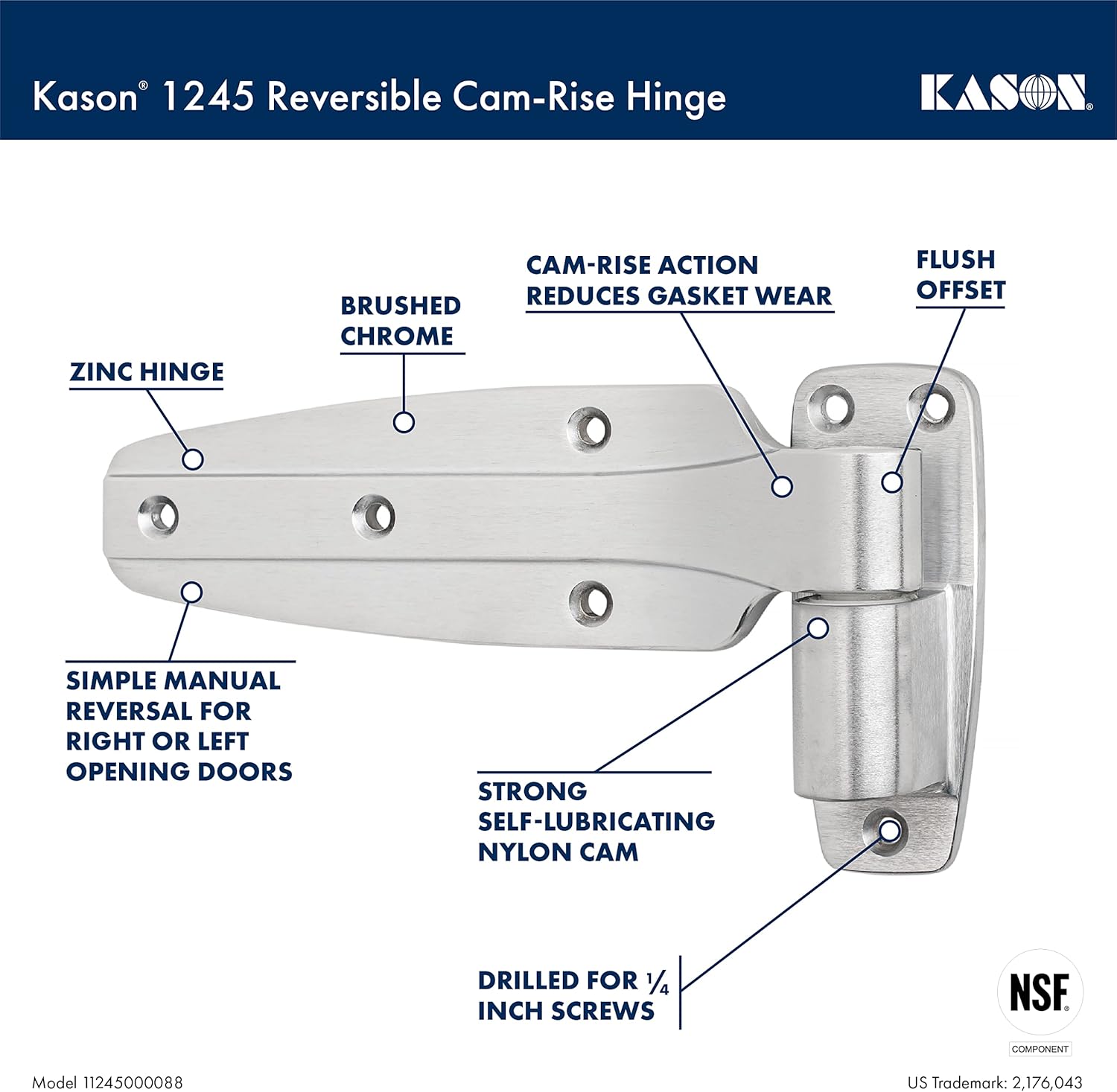 Kason 1245 Reversible Cam - Rise Hinge, Flush Offset, Brushed Chrome Finish, 11245000088 - 7DAY'S