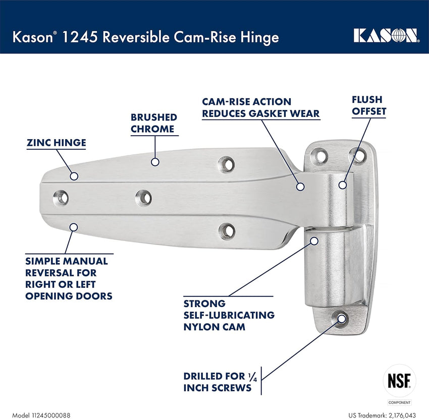 Kason 1245 Reversible Cam - Rise Hinge, Flush Offset, Brushed Chrome Finish, 11245000088 - 7DAY'S