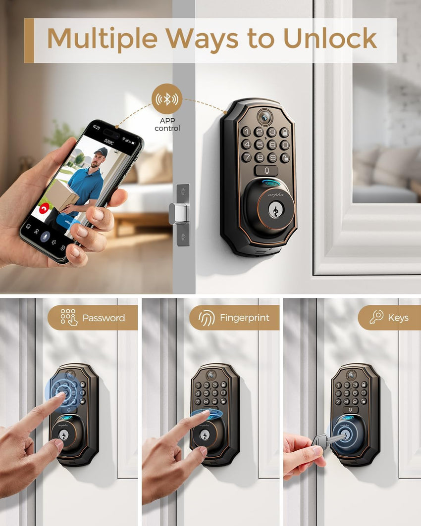 Keyless Entry Deadbolt - WiFi Video Smart Lock with Camera, 5 - in - 1 (Camera+Doorbell+Fingerprint+Keypad), App Control, Two - Way Audio, Waterproof, Easy Installation - 7DAY'S