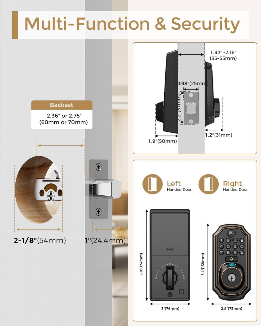 Keyless Entry Deadbolt - WiFi Video Smart Lock with Camera, 5 - in - 1 (Camera+Doorbell+Fingerprint+Keypad), App Control, Two - Way Audio, Waterproof, Easy Installation - 7DAY'S