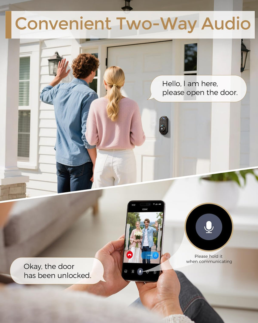Keyless Entry Deadbolt - WiFi Video Smart Lock with Camera, 5 - in - 1 (Camera+Doorbell+Fingerprint+Keypad), App Control, Two - Way Audio, Waterproof, Easy Installation - 7DAY'S