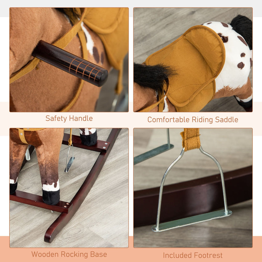 Kids Metal Plush Ride - On Rocking Horse Chair Toy With Realistic Sounds - Dark Brown/White - 7DAY'S