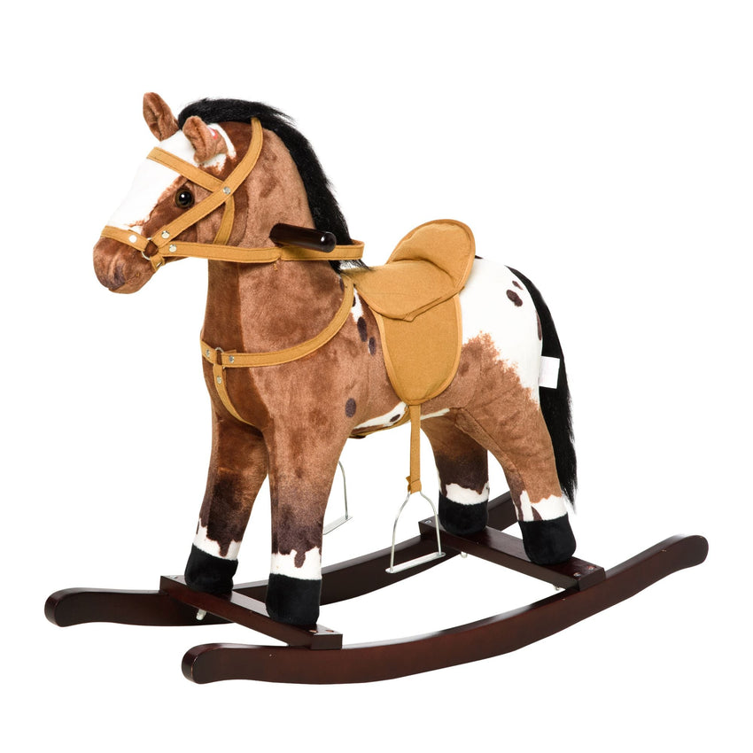Kids Metal Plush Ride - On Rocking Horse Chair Toy With Realistic Sounds - Dark Brown/White - 7DAY'S
