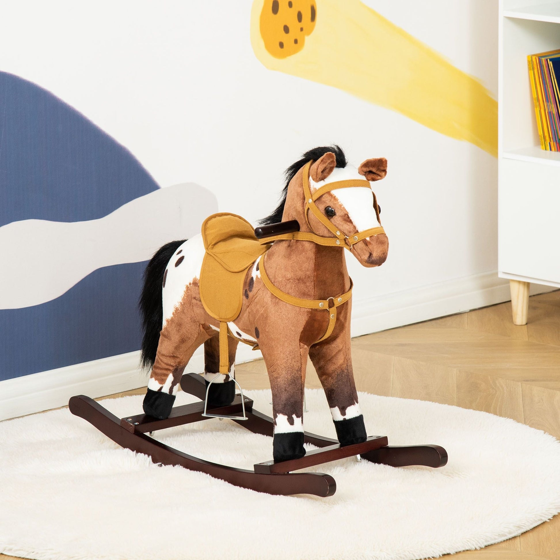 Kids Metal Plush Ride - On Rocking Horse Chair Toy With Realistic Sounds - Dark Brown/White - 7DAY'S