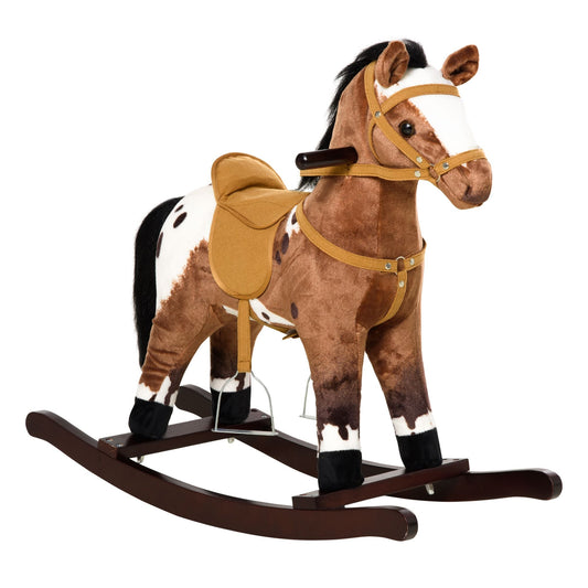 Kids Metal Plush Ride - On Rocking Horse Chair Toy With Realistic Sounds - Dark Brown/White - 7DAY'S